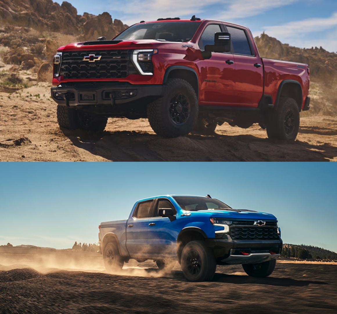 A graphic containing a photo of a red Chevy Silverado 2500 and a blue Chevy Silverado 1500